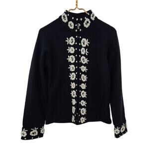 Cambridge Dry Goods Black 100% Wool Floral Embroidered Sweater Size Small